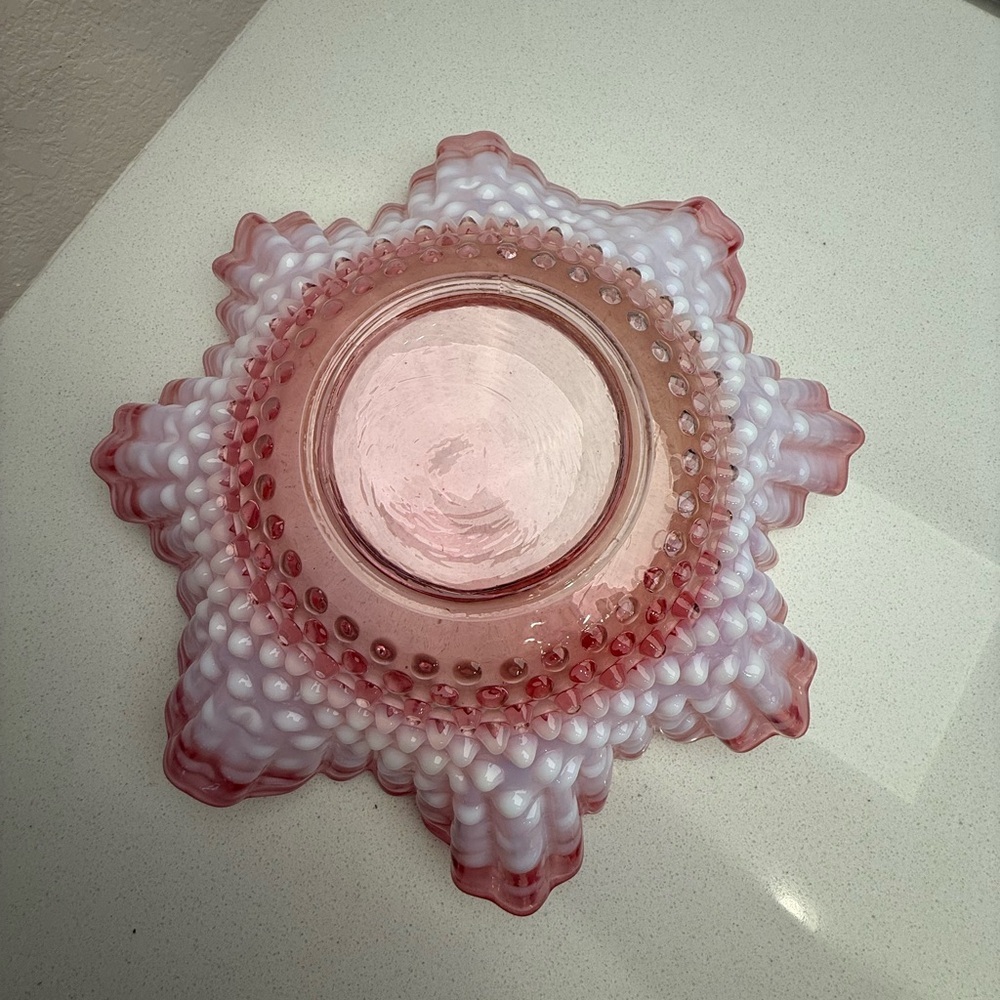 Vintage Bride's Basket Fenton Pink Hobnail Ruffled Bowl with Metal Holder - Picture 12 of 16